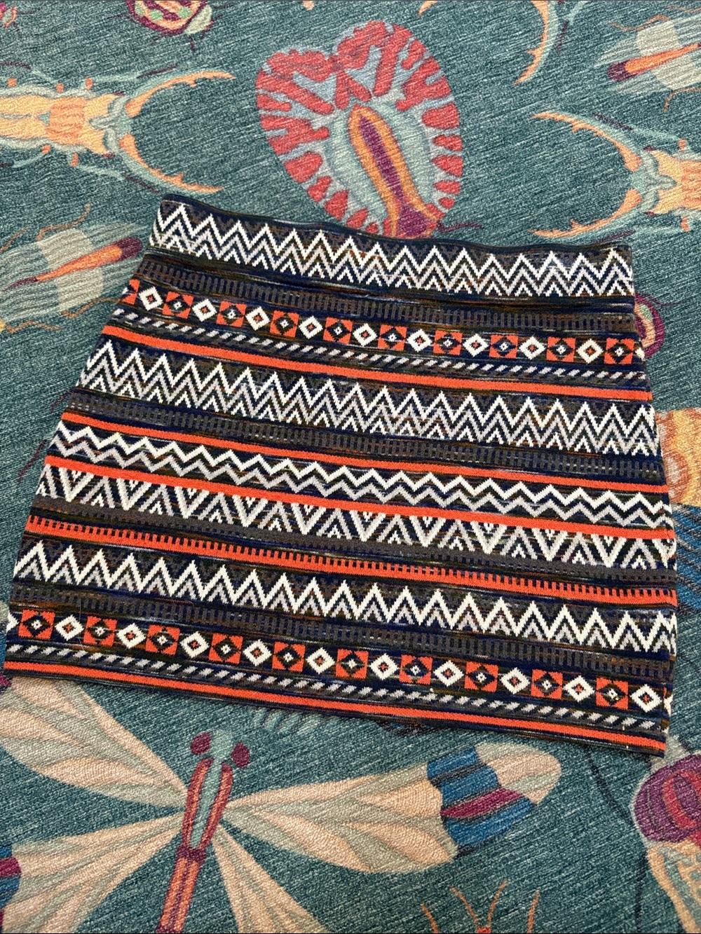 Krimson Klover Patterned Sweater Mini Skirt - Navy, White & Orange S